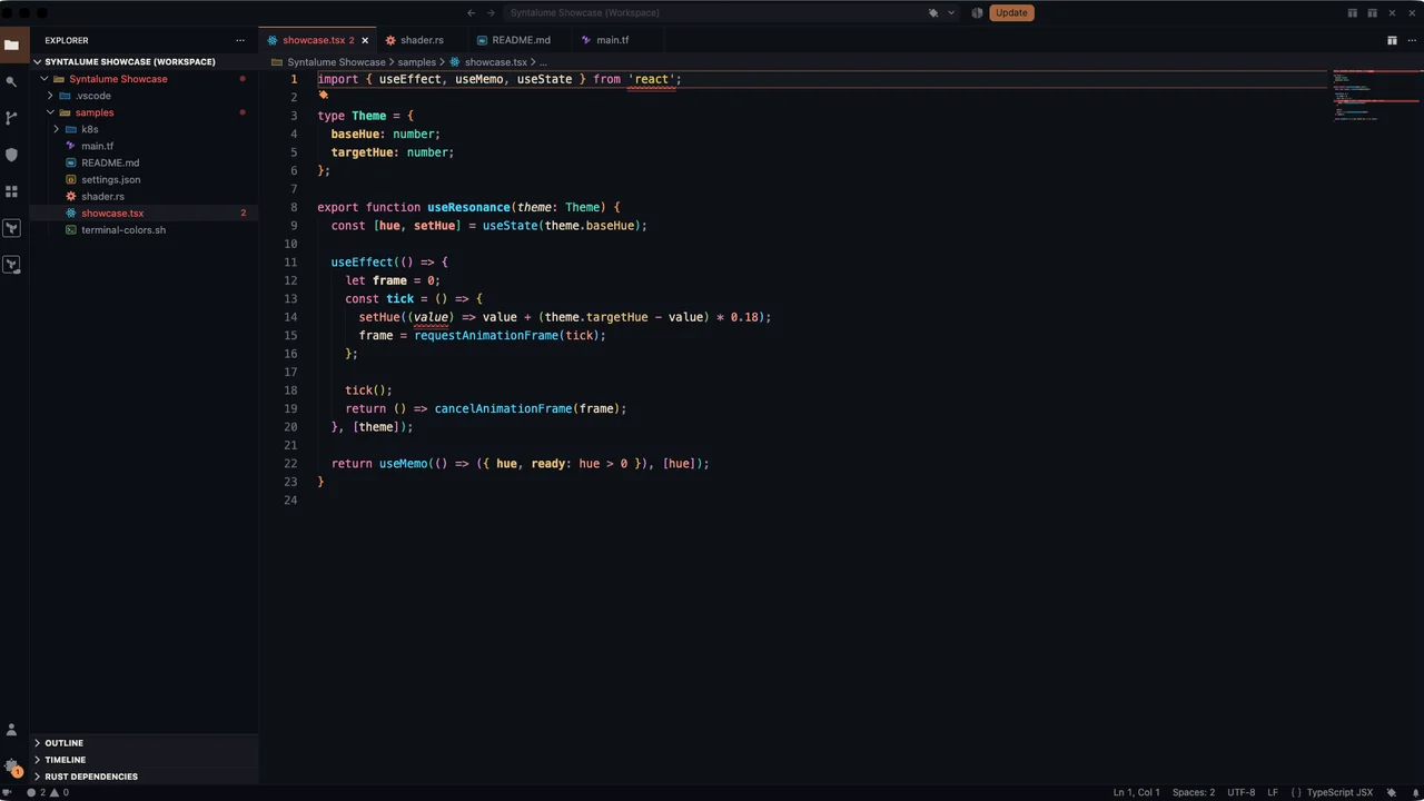 Syntalume Noir running in VS Code with the Syntalume Showcase workspace